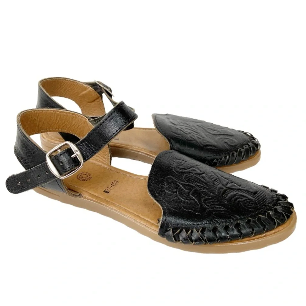 D’Lolos Mexican Black Tooled Leather Huarache Sandals Size 9 - Picture 4 of 12